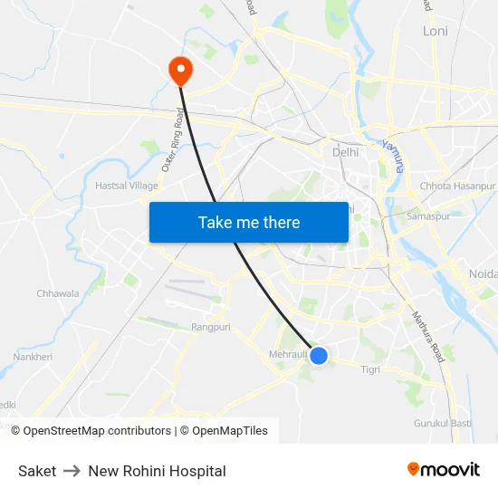 Saket to New Rohini Hospital map