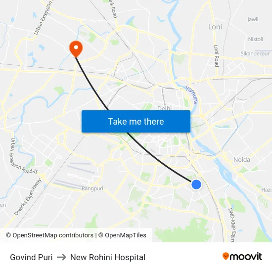 Govind Puri to New Rohini Hospital map