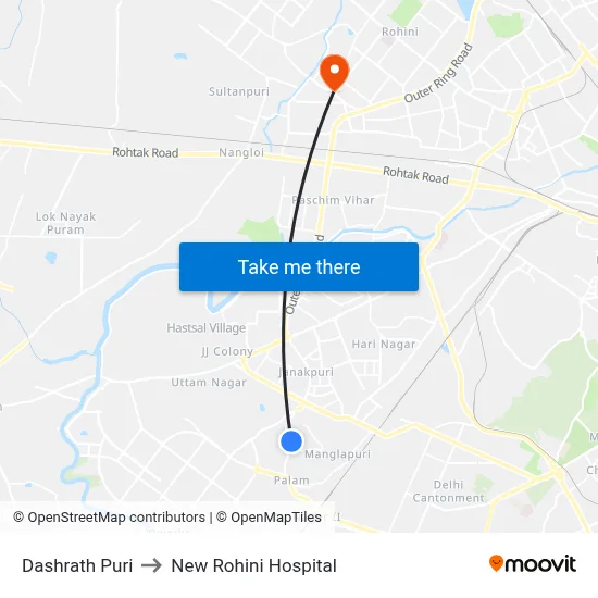Dashrath Puri to New Rohini Hospital map