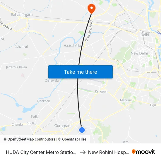 HUDA City Center Metro Station (B) to New Rohini Hospital map