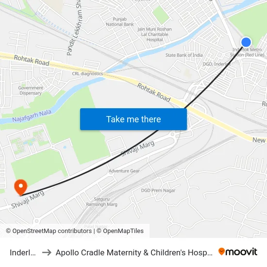 Inderlok to Apollo Cradle Maternity & Children's Hospital map