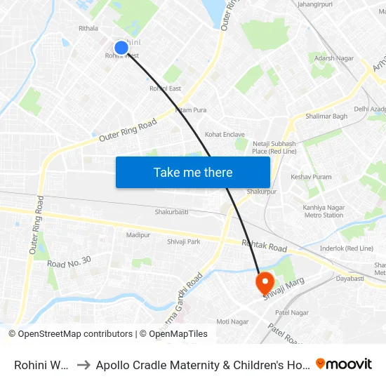Rohini West to Apollo Cradle Maternity & Children's Hospital map