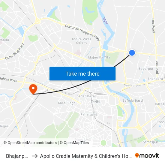 Bhajanpura to Apollo Cradle Maternity & Children's Hospital map