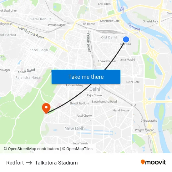 Redfort to Talkatora Stadium map
