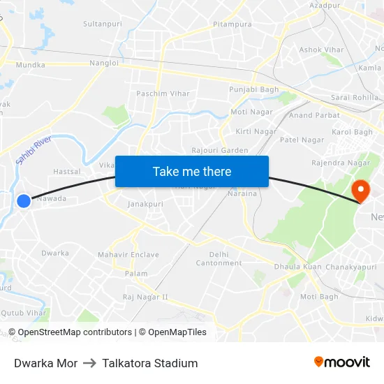 Dwarka Mor to Talkatora Stadium map