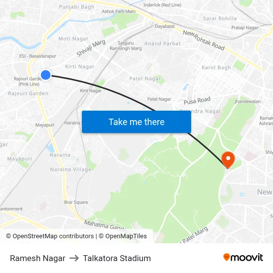 Ramesh Nagar to Talkatora Stadium map