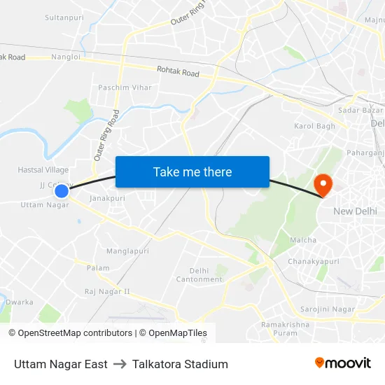 Uttam Nagar East to Talkatora Stadium map