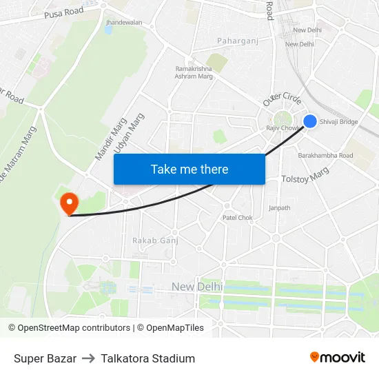 Super Bazar to Talkatora Stadium map