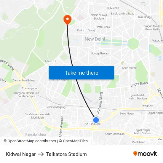 Kidwai Nagar to Talkatora Stadium map