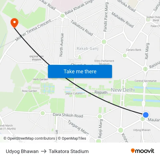 Udyog Bhawan to Talkatora Stadium map