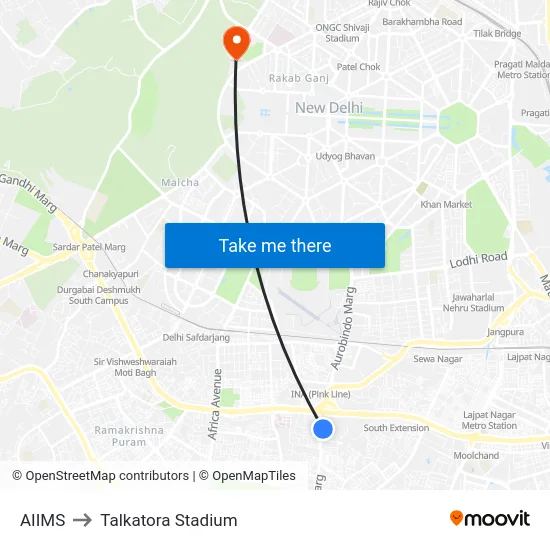 AIIMS to Talkatora Stadium map