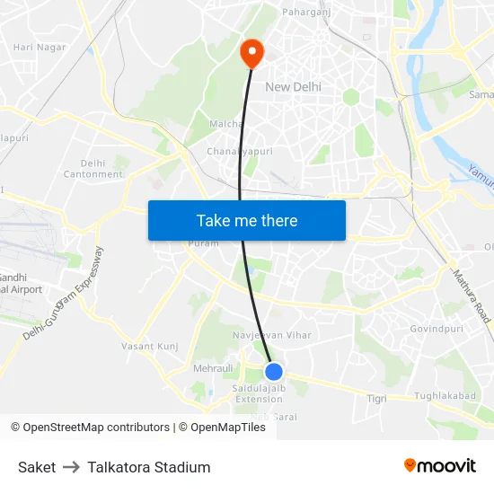 Saket to Talkatora Stadium map