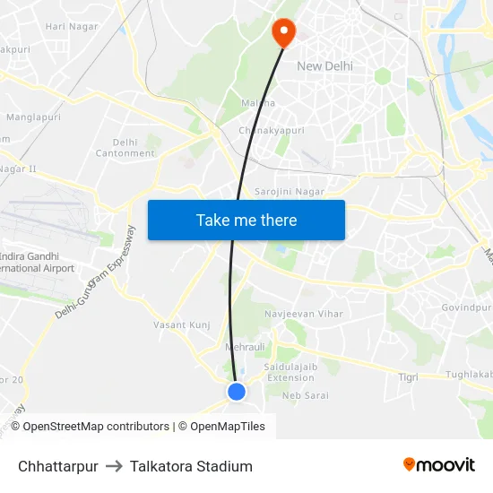Chhattarpur to Talkatora Stadium map