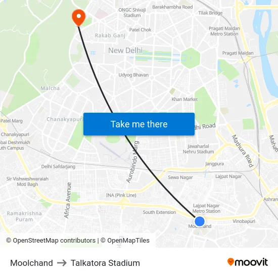 Moolchand to Talkatora Stadium map