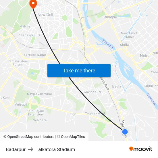 Badarpur to Talkatora Stadium map
