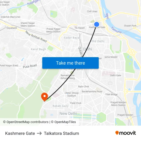 Kashmere Gate to Talkatora Stadium map