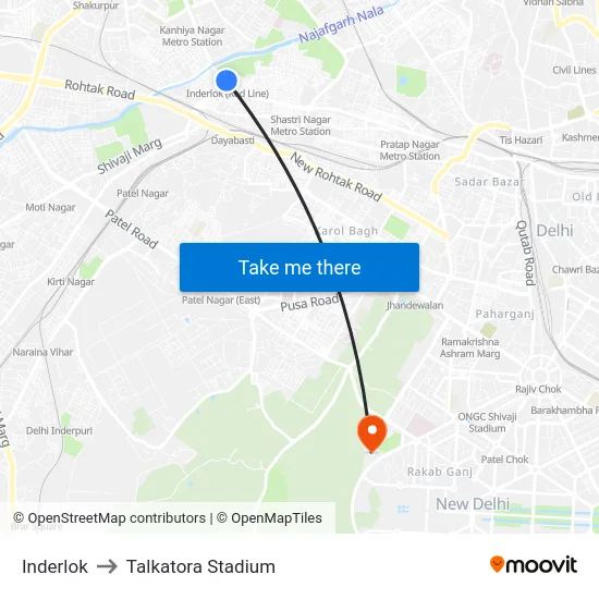 Inderlok to Talkatora Stadium map