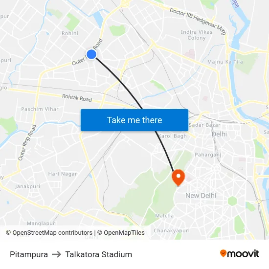 Pitampura to Talkatora Stadium map