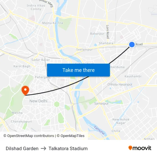 Dilshad Garden to Talkatora Stadium map