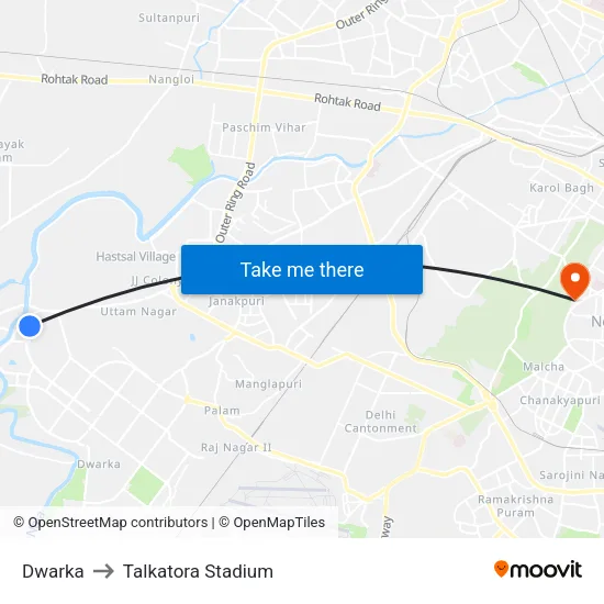 Dwarka to Talkatora Stadium map