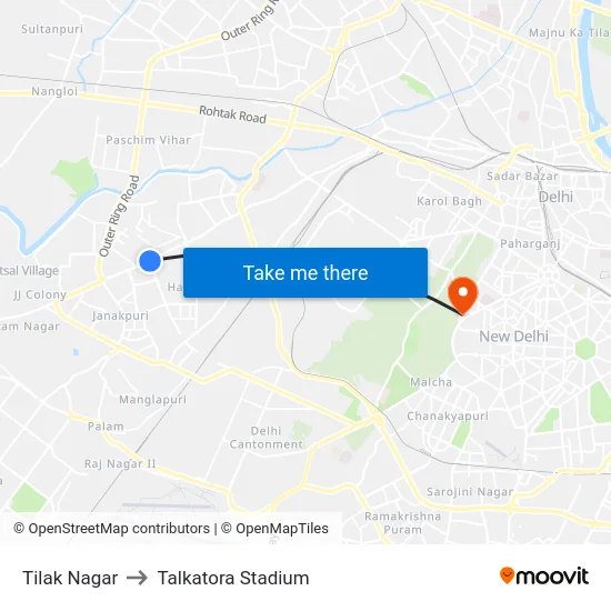 Tilak Nagar to Talkatora Stadium map