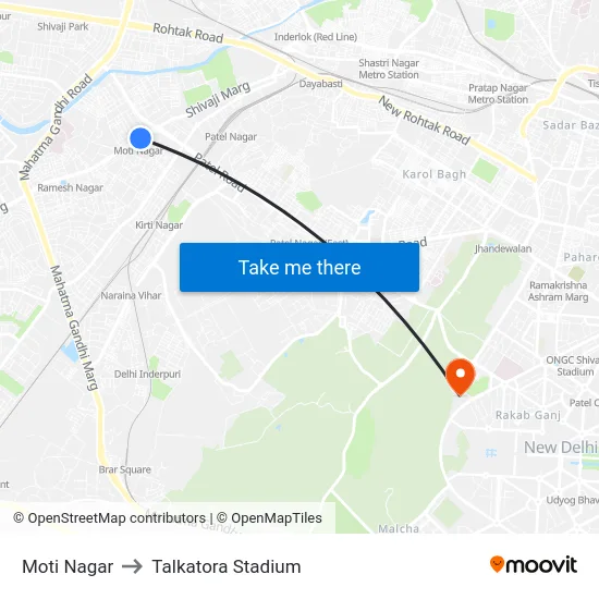 Moti Nagar to Talkatora Stadium map