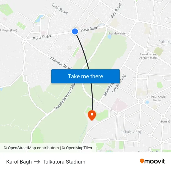 Karol Bagh to Talkatora Stadium map