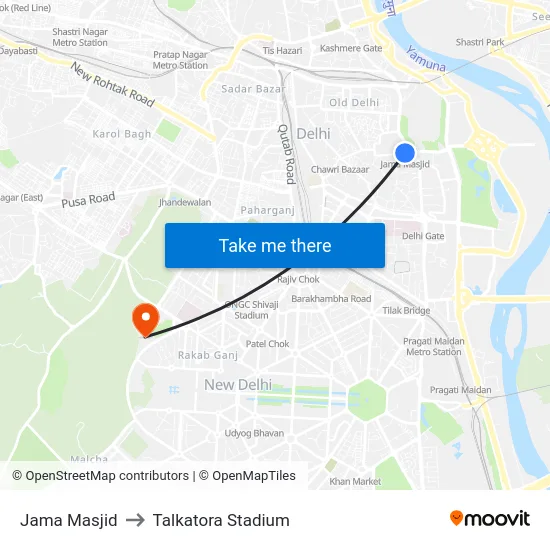 Jama Masjid to Talkatora Stadium map