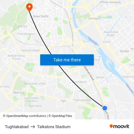 Tughlakabad to Talkatora Stadium map