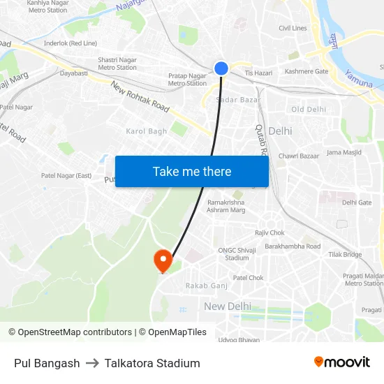Pul Bangash to Talkatora Stadium map