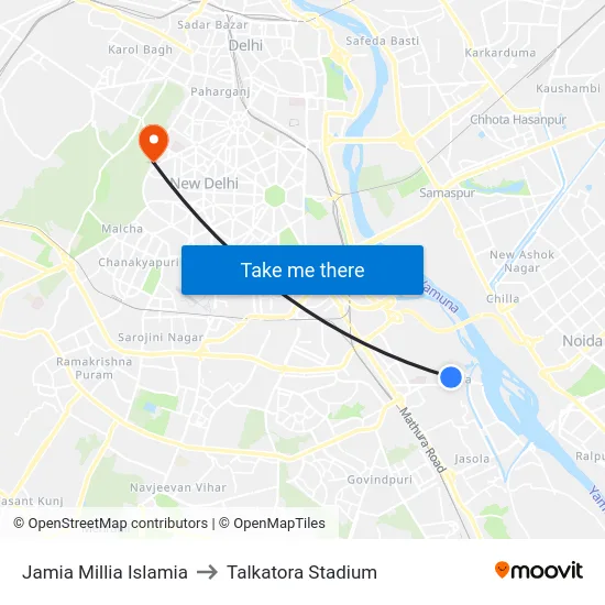 Jamia Millia Islamia to Talkatora Stadium map