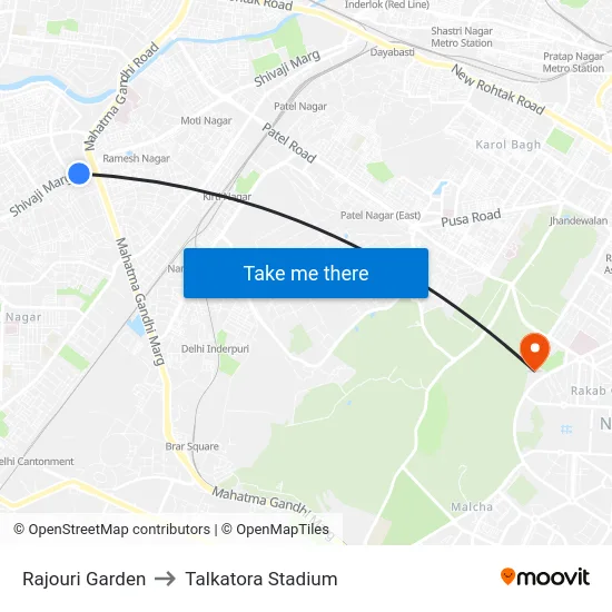 Rajouri Garden to Talkatora Stadium map