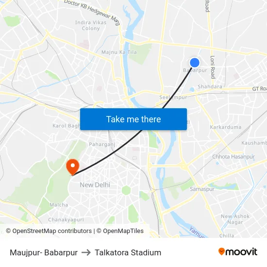 Maujpur- Babarpur to Talkatora Stadium map