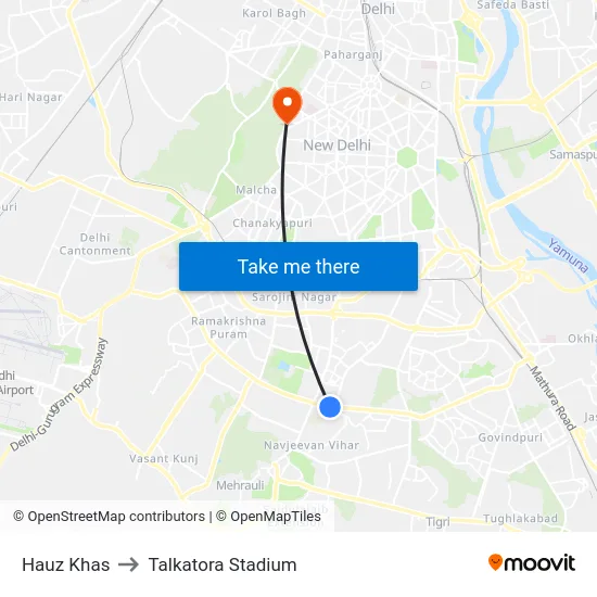 Hauz Khas to Talkatora Stadium map