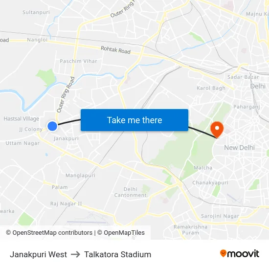 Janakpuri West to Talkatora Stadium map
