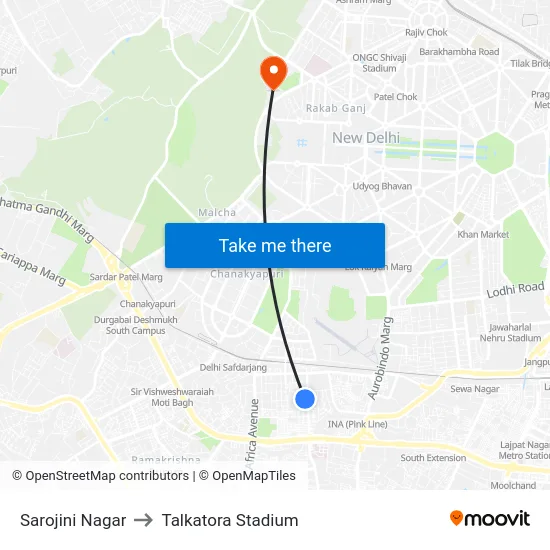 Sarojini Nagar to Talkatora Stadium map