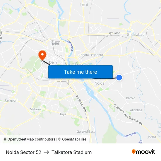 Noida Sector 52 to Talkatora Stadium map