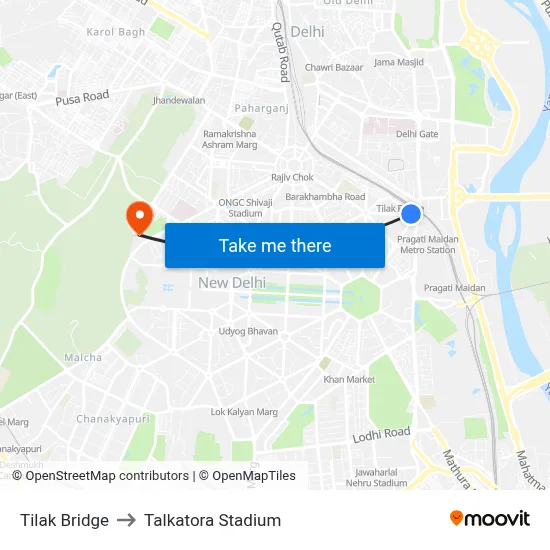Tilak Bridge to Talkatora Stadium map