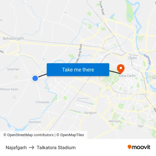 Najafgarh to Talkatora Stadium map