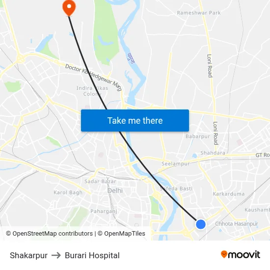 Shakarpur to Burari Hospital map