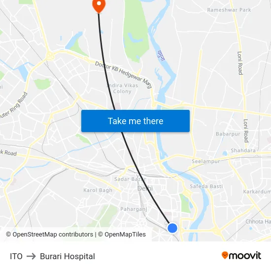 ITO to Burari Hospital map