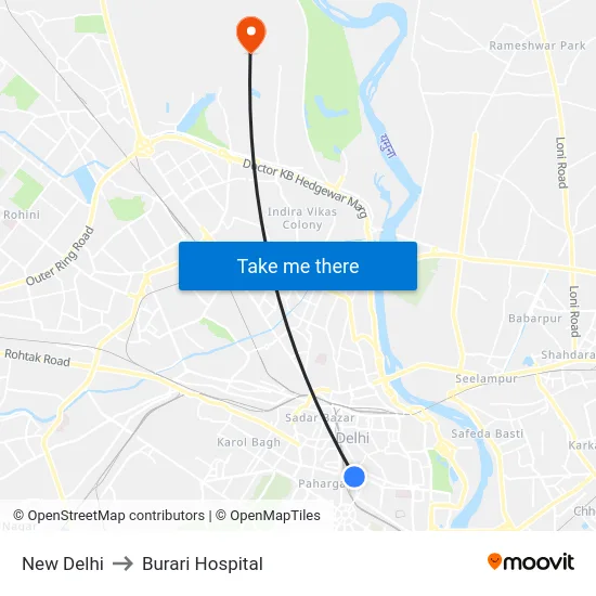 New Delhi to Burari Hospital map