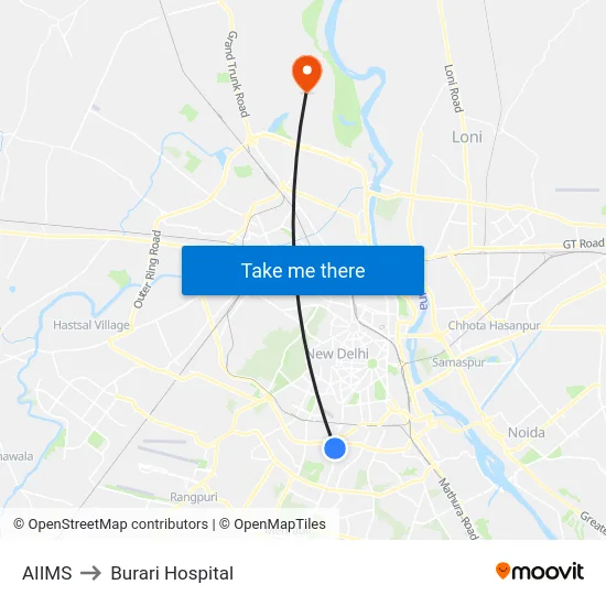 AIIMS to Burari Hospital map