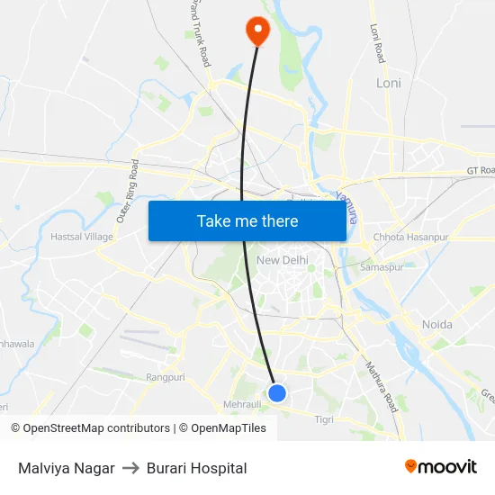 Malviya Nagar to Burari Hospital map