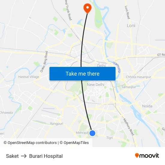 Saket to Burari Hospital map