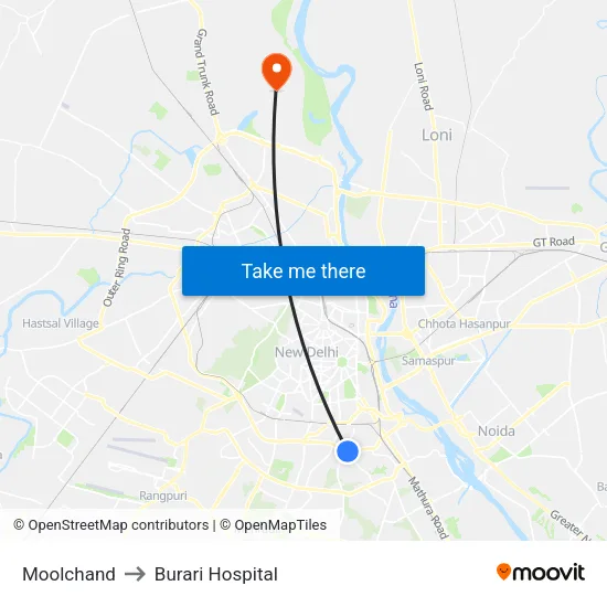 Moolchand to Burari Hospital map