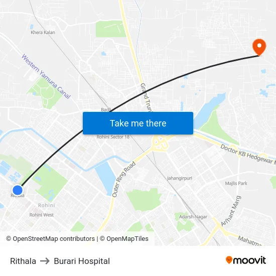 Rithala to Burari Hospital map