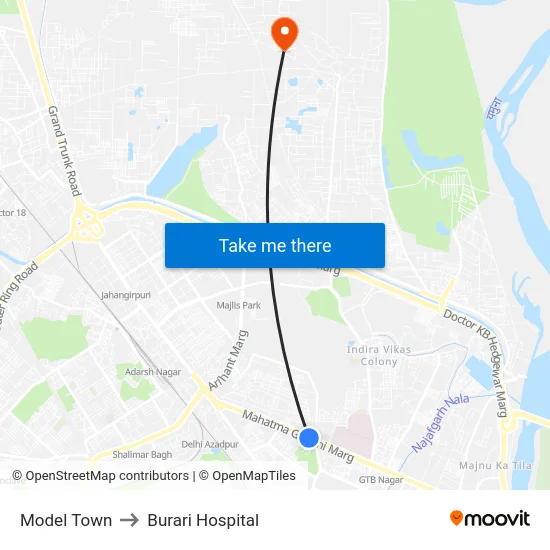 Model Town to Burari Hospital map