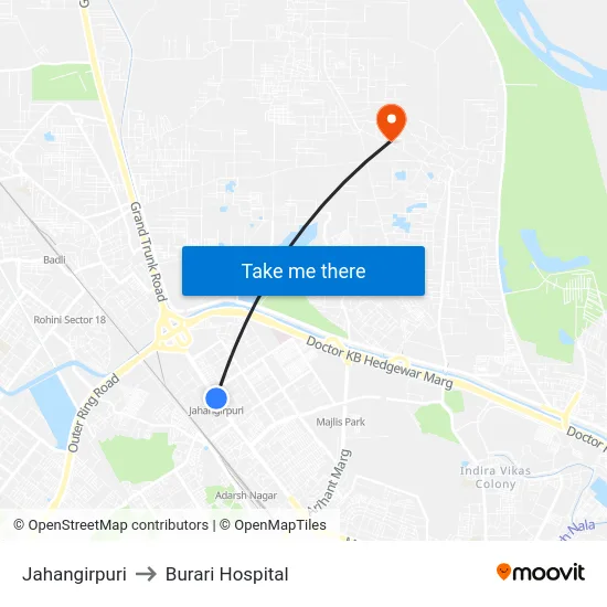 Jahangirpuri to Burari Hospital map