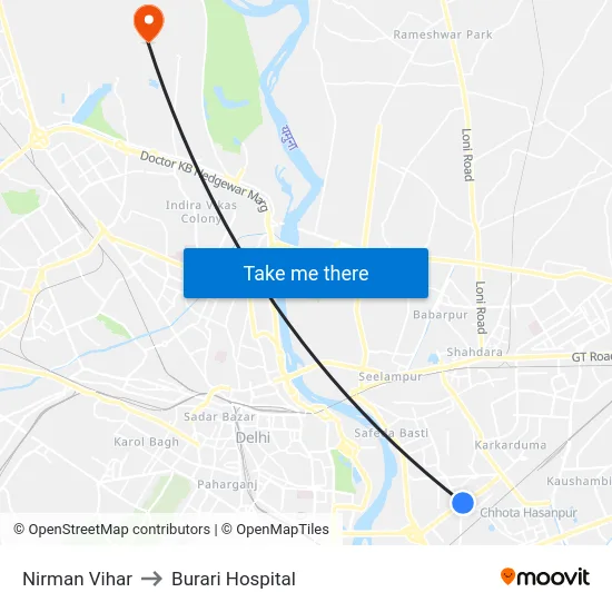 Nirman Vihar to Burari Hospital map